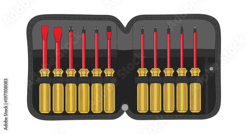 Flat illustration of a set of screwdrivers in a black case with yellow handles and red tips