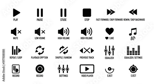 A collection of black icons representing various audio and video controls on a white background with Play, Pause, and Stop buttons.
