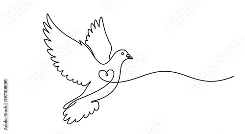 A dove flies with a heart shaped line trailing behind it in the air