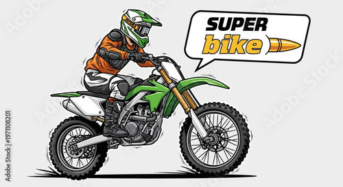 Rider on green motorcycle wears orange gear and helmet on track