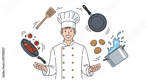 A chef skillfully juggles cooking utensils and food in a lively kitchen scene with Whisk.