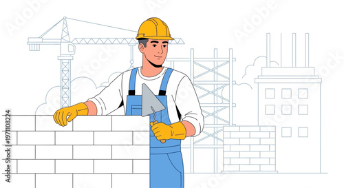 Construction worker building wall with crane in background at site