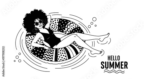 Woman relaxes on inflatable ring in water with hello summer message