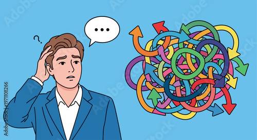 Man surrounded confused by colorful swirling arrows in thought
