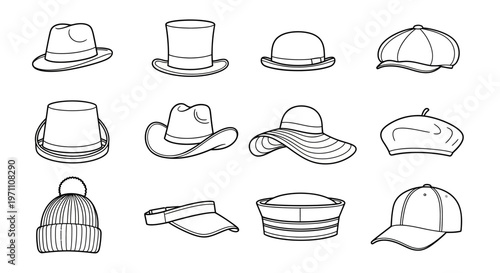 Various hats are displayed in a collection for illustration purposes.