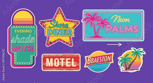Vibrant neon signs adorn a retro motel and diner setting at dusk with palm trees.