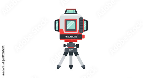 Flat illustration of a precise red and white laser level on a tripod for construction and building