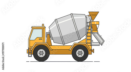 Yellow cement mixer truck with gray drum on white background construction vehicle illustration
