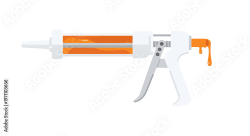 Flat illustration of caulk gun with orange sealant on white background for construction and diy projects