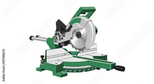Miter saw machine with green frame and silver blade on white background for woodworking and carpentry tasks