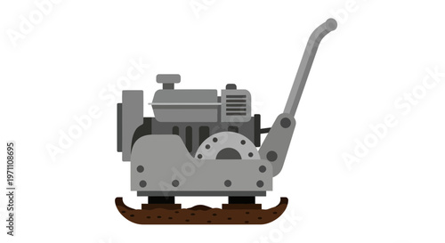 Flat illustration of a gray plate compactor machine on a brown base industrial construction equipment