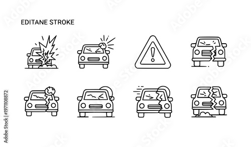 Minimal Car Crash Outline Icon Set Traffic Safety Vector