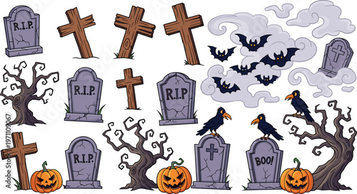Halloween graveyard vector set with tombstones, crosses, bats, crows, pumpkins and spooky trees, cartoon illustration collection