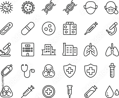 Medical and virology line icon set featuring virus cells, DNA strands, face masks, laboratory microscopes, hospital buildings, respiratory lungs, vaccine syringes, and biohazard safety symbols.