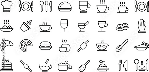 Restaurant and cooking line icon set featuring chef hat, cutlery, hot coffee cups, pizza, burger, croissant, cake, rolling pin, wine glass, and kitchen utensils.