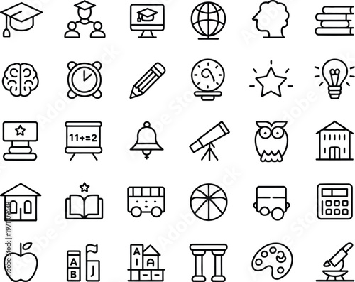 Education Line Icon Set Featuring Graduation Cap Books Pencil Brain Owl School Bus Calculator Microscope Globe Telescope Apple Palette Blackboard and Academic Learning Symbols