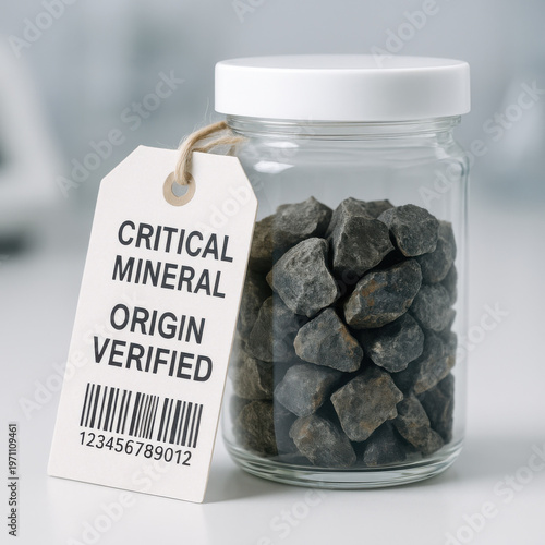 Critical mineral sample with an origin verified tag, showing an industrial compliance concept for traceability. labeled jar sits on laboratory work surface with secure, modern lighting
