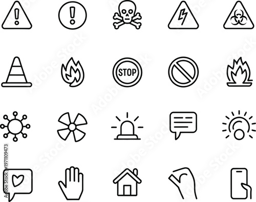 Safety and hazard line icon set featuring warning signs, toxic skull, biohazard, fire flame, stop signal, electricity danger, emergency siren, and social communication symbols.