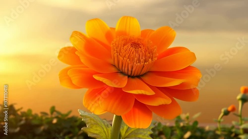 Vibrant orange flower blooming at sunset, symbolizing beauty and renewal in nature. Perfect for springtime and floral themes