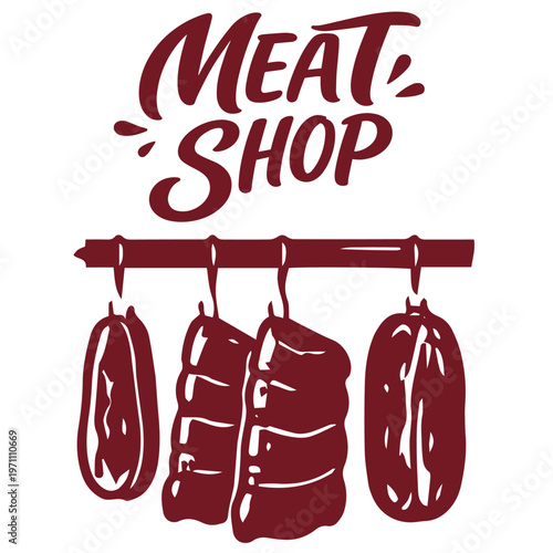 Meat shop hanging sausages and ribs butcher storage illustration
