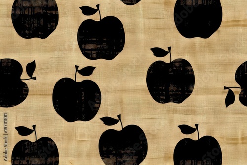 Repeating apple silhouettes, textured wood background. Black fruit pattern on tan surface