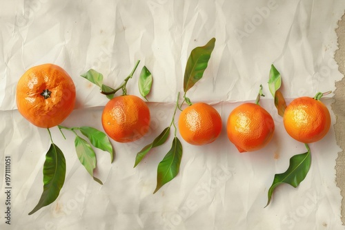 Top-down view of five ripe oranges with leaves arranged on a textured, crumpled parchment surface