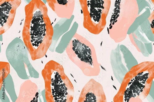 Colorful, abstract illustration showcasing a repeating pattern of papaya fruit slices and organic shapes