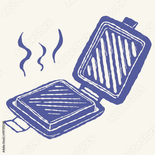 Electric sandwich grill with open plates and heat waves illustration
