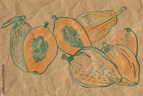 Illustration of several papayas, some sliced, with green outlines, set on textured paper