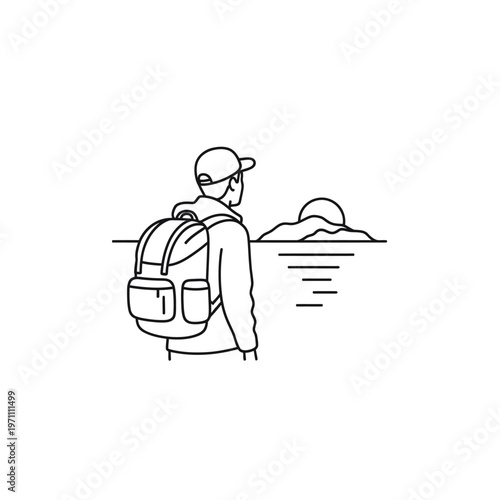 Man wearing backpack and baseball cap.