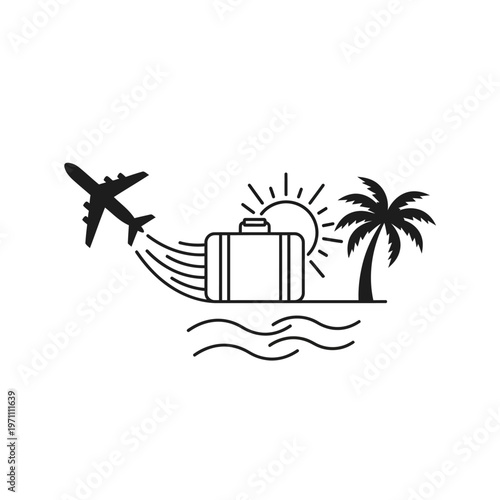 Travel luggage with airplane and palm.