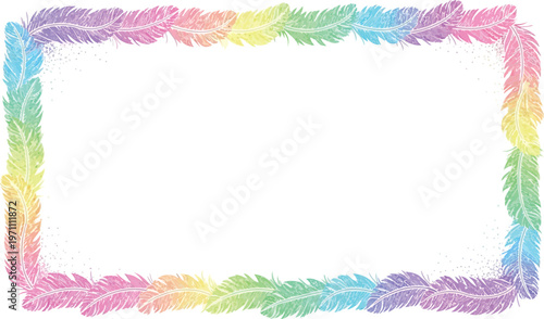 A colorful rainbow feather frame on a white background for decorative and artistic use