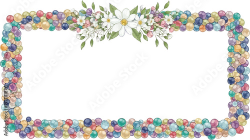 A colorful beaded frame with flowers on a white background