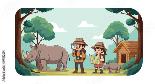 Two young explorers with a map and magnifying glass observing a family of rhinos in a beautiful forest setting.