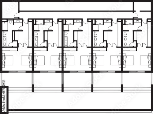 Blueprint style architectural floor plan, a detailed overhead depiction showing the layout, structure and design of multiple adjacent units.