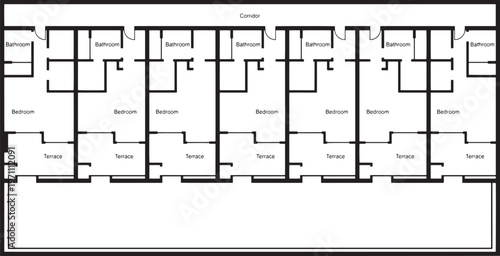 A detailed architectural plan presents a meticulous layout, showcasing the design for a series of connected housing units. This blueprint is presented with clean lines.