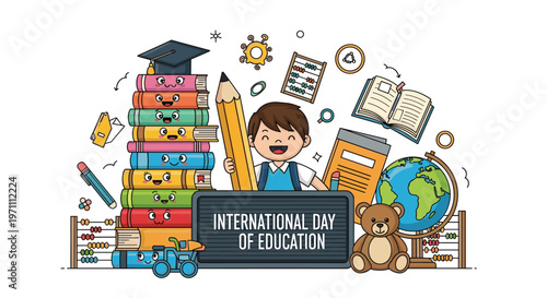 International Day of Education celebration featuring a happy student surrounded by books and school icons.