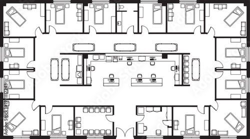 A detailed architectural blueprint depicting a hospital or healthcare facility plan.
