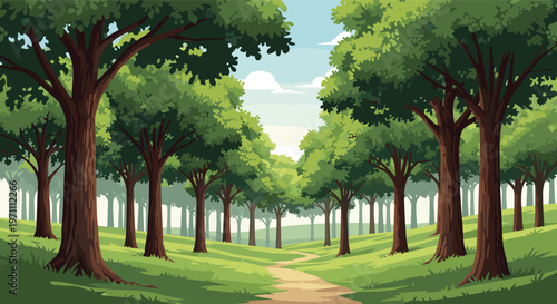 Peaceful path winding through a dense green forest with tall trees and soft sunlight filtering through the canopy.