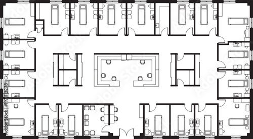 Architectural Blueprint of a modern hospital ward, illustrating design and layout of rooms and facilities for patients. 