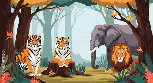 Magnificent tigers, a lion, and an elephant gathered in an autumn forest with falling orange leaves.