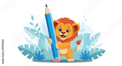 Adorable lion cub holding a giant blue pencil against a background of lush tropical leaves and plants.