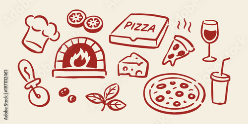 Pizza restaurant doodle icon set hand drawn vector illustration