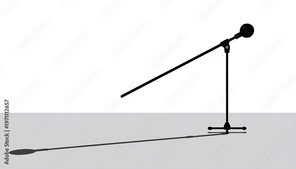 Fototapeta premium Thin black vertical line casting a long slanted shadow across a grey floor on white background representing a stage ghost generative AI