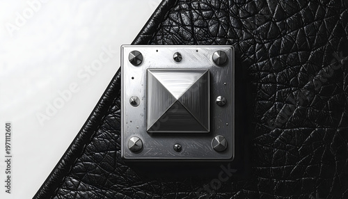 Silver stud on a black leather square as a macro minimalist illustration representing the diy battle vest fashion of metal generative AI