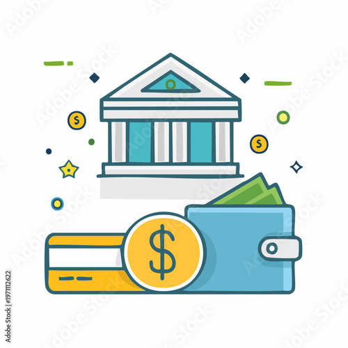 Flat vector illustration of a business house icon and money symbol representing a real estate sale and home building concept for web design
