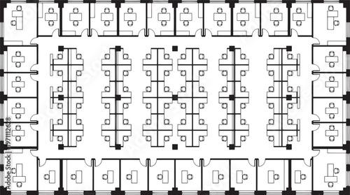 An overhead view captures a detailed floor plan, illustrating an office layout designed for optimal efficiency and collaboration.