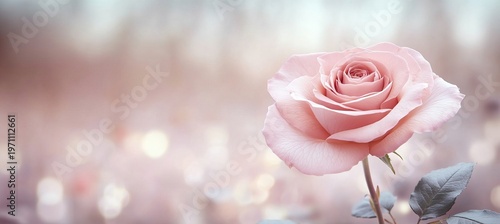 Beautiful Romantic Pink Rose Blossom on Bokeh Background with Soft Light and Blurred Petals Design