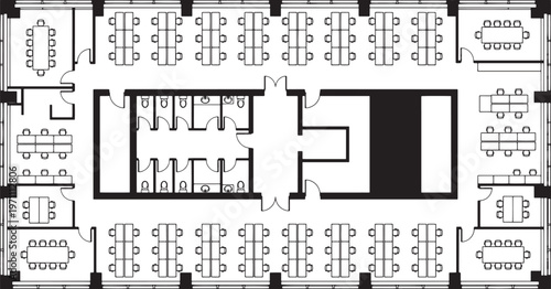 Detailed architectural floor plan showcasing the layout of an office, with various workstations and meeting areas.