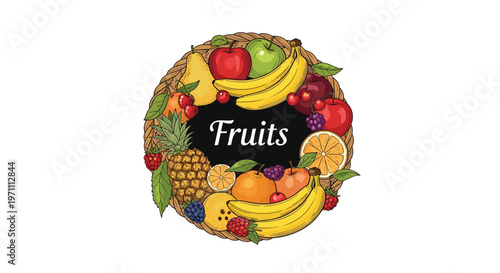 Beautiful wreath of assorted fresh fruits including pineapple, watermelon, and grapes around a central sign.